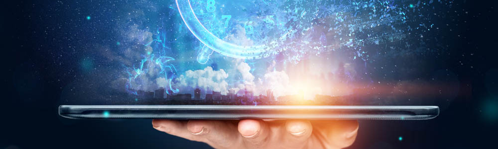 Close-up of a hand holding a tablet with a clock displayed in the sky above the tablet